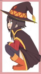  1girl artist_logo artist_name asymmetrical_legwear bambi2000line bandaged_leg bandages black_gloves black_thighhighs blush boots border brown_cape brown_hair brown_hat cape dress from_side full_body gloves gold_trim hands_on_own_knees hat highres kono_subarashii_sekai_ni_shukufuku_wo! legs_together logo looking_ahead megumin mismatched_legwear open_mouth orange_boots pink_border red_dress red_eyes short_hair_with_long_locks signature single_thighhigh solo squatting thigh-highs white_background witch_hat zettai_ryouiki 