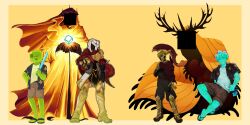  2others 34758 4boys aqua_skin armor averythemayo bar_censor breastplate cape cargo_shorts censored censored_identity cloak colored_skin corinthian_helmet creekdealer d3rlord3 floral_print flower forget-me-not_(flower) full_body green_skin hanmdin hawaiian_shirt highres holding holding_flower hood hooded_cloak jonahwasthere monster_boy multiple_boys multiple_others red_cape sandals searching_for_a_world_that_doesn't_exist shirt shorts shoulder_armor slime_boy standing the_king_in_yellow_(searching_for_a_world_that_doesn't_exist) undershirt utvalentifail white_shirt yellow_cloak yowmyeye 