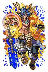  1boy aura bangle blue_aura blue_hair bracelet closed_mouth energy_ring facial_mark floating floating_object floating_sword floating_weapon forehead_jewel forehead_mark gold_horns gold_trim hagoromo harakawa_mitsuhiro holding holding_whip jewelry mark_under_eye muscular muscular_male necklace official_art open-toe_shoes pants pointy_ears red_eyes ryuuga_(shinrabanshou) sanpaku seven-branched_sword shawl shinrabanshou short_hair solo stomach_jewel sword third-party_source topless_male transparent_background tsurime weapon whip 