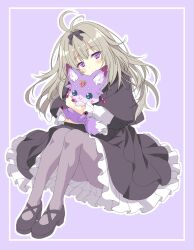  1girl antenna_hair black_bow black_capelet black_dress blush bow capelet closed_mouth dress frills grey_hair hair_intakes hair_ribbon heart highres holding jewelry long_hair looking_at_viewer mashu-tan meitantei_precure! moria_luluka precure ribbon sitting smile solo thigh-highs violet_eyes yamamoto_kazue 