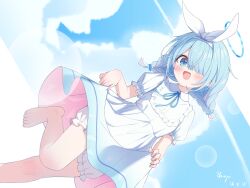  1girl :d absurdres arona_(blue_archive) bare_legs barefoot bloomers blue_archive blue_eyes blue_hair blue_halo bow_hairband braid clothes_lift dress hair_over_one_eye hairband halo highres lifting_own_clothes multicolored_hair open_mouth pink_hair shirayui short_hair short_sleeves skirt skirt_lift smile solo twin_braids two-tone_dress two-tone_hair white_dress white_hairband 
