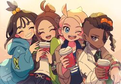  2boys 2girls :d black_hair blonde_hair blue_hoodie blue_pants blue_shirt brown_hair brown_jacket choker closed_eyes cube_hair_ornament cup dark-skinned_male dark_skin disposable_coffee_cup disposable_cup dreadlocks gradient_hair green_jacket green_necktie grey_background hair_bun hair_ornament harmony_(pokemon) highres hood hoodie jacket lida_(pokemon) long_hair long_sleeves looking_at_viewer mega_ring multicolored_hair multiple_boys multiple_girls naveen_(pokemon) necktie one_eye_closed open_clothes open_jacket open_mouth pants pink_hair pokemon pokemon_legends:_z-a shirt short_hair simple_background smile topknot upper_body urbain_(pokemon) violet_eyes white_choker white_jacket white_shirt yoshishi_(yosisitoho) 