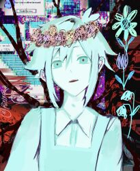  1boy alternate_costume antenna_hair apron basil_(headspace)_(omori) basil_(omori) collared_shirt colored_skin commentary double-parted_bangs flower flower_wreath green_eyes green_hair hair_between_eyes head_wreath highres long_sleeves looking_at_viewer male_focus omori open_mouth rielyu03 shirt short_hair sidelocks solo teeth upper_body upper_teeth_only white_skin 