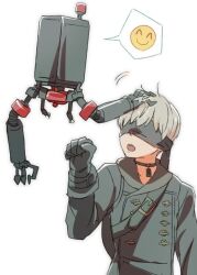  1boy 9s_(nier:automata) :o black_gloves black_jacket blindfold commentary drone floating gloves grey_hair headpat jacket male_focus nier:automata nier_(series) non-humanoid_robot pod_(nier:automata) robot short_hair simple_background spoken_expression teeth u-ka_(pixiv5407) upper_teeth_only white_background 