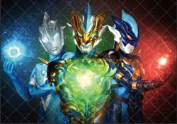  alien armor black_gloves black_skin blue_eyes blue_mask blue_skin check_translation color_timer colored_skin commentary_request dorsal_fin forehead_jewel gem gloves glowing glowing_eyes green_eyes horns male_focus mask multicolored_skin no_pupils original red_eyes shoulder_armor shoulder_spikes silver_skin spikes studded_armor tokusatsu tokusatsushima translation_request ultra_galaxy_(series) ultra_galaxy_fight:_the_absolute_conspiracy ultra_series ultraman_taiga_(series) ultraman_tregear ultraman_tregear_early_style 