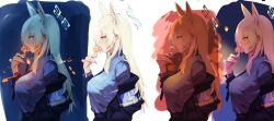  1girl animal_ear_fluff animal_ears armband black_necktie blonde_hair blue_archive blue_armband blue_eyes blue_halo blue_jacket blue_shirt breasts candy collared_shirt dog_ears dog_girl eating extra_ears food from_side halo highres holding holding_candy holding_food holding_lollipop jacket kanna_(blue_archive) large_breasts licking lollipop long_hair multiple_views necktie off_shoulder police police_uniform policewoman porroll shirt shirt_tucked_in tongue tongue_out 