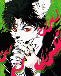  1boy animal_ears animal_nose artist_request black_hair black_nails bracelet clenched_teeth facial_mark fingernails furry furry_male green_background hand_tattoo highres jewelry long_fingernails looking_to_the_side male_focus multiple_bracelets multiple_rings non-web_source original own_hands_clasped own_hands_together red_eyes red_fire ring short_hair silver_bracelet silver_ring snout solo tattoo teeth upper_body white_fur 