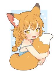  1girl :d animal_ear_fluff animal_ears blue_camisole blush braid camisole commentary cropped_torso fangs fox_ears fox_girl fox_tail hugging_own_tail hugging_tail long_hair looking_at_viewer onyhakase open_mouth orange_hair original smile solo strap_slip tail twin_braids untranslatable_commentary upper_body yellow_eyes 