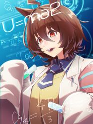  1girl agnes_tachyon_(tach-nology)_(umamusume) agnes_tachyon_(umamusume) ahoge animal_ears black_necktie brown_hair coat e=mc2_(equation) equation hair_between_eyes highres holding holding_test_tube horse_ears horse_girl kakegami lab_coat long_sleeves necktie open_mouth red_eyes shirt short_necktie sleeves_past_fingers sleeves_past_wrists smile solo sweater sweater_vest teeth test_tube umamusume white_coat wolf_cut yellow_sweater yellow_sweater_vest 