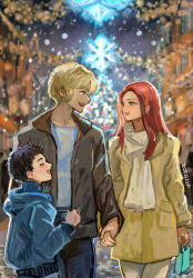  1girl 2025 2boys age_difference alfred_izuruha alternate_universe bag bernard_wiseman black_hair blonde_hair building celebration child christina_mackenzie christmas christmas_tree closed_eyes commentary_request dated good_end green_eyes gundam gundam_0080 highres holding holding_bag holding_hands hood hooded_jacket jacket laughing long_hair looking_at_another merry_christmas multiple_boys night okrdisk2000 open_mouth red_hair road scarf signature smile snowing street 