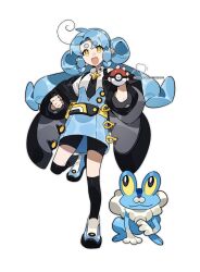  1girl :d belt black_coat black_eyes black_necktie black_socks blue_hair blue_shoes blue_skirt bright_pupils buzhengzhengzai coat collared_shirt colored_sclera commission froakie frog full_body highres holding holding_poke_ball looking_at_viewer necktie off-shoulder_coat off_shoulder open_mouth poke_ball pokemon pokemon_(creature) shirt shoes simple_background skirt smile socks standing twintails white_background white_pupils white_shirt yellow_eyes yellow_sclera 