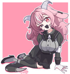  1girl absurdres animal_ears apron backward-facing_horns bell black_apron black_bow black_bowtie black_eyes black_shoes black_skirt black_sleeves black_thighhighs bow bowtie cross cross-shaped_pupils femme_soule fingernail_gloves floppy_ears frilled_skirt frills gloves goat_ears goat_horns grey_shirt hair_intakes heterochromia high_heels highres horns inverted_cross juliet_sleeves long_sleeves looking_at_viewer mismatched_pupils multicolored_hair neck_bell notched_ear open_mouth panatisia pink_eyes pink_hair puffy_sleeves pukey_goddess_shot_trick shirt shoes sidelocks sitting skirt smile snake_tail solo streaked_hair symbol-shaped_pupils tail thigh-highs white_gloves white_streaks yokozuwari 