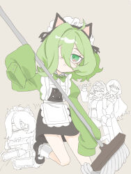  3girls :< ahoge animal_ears apron bags_under_eyes black_skirt bow bowtie brown_background cat_ears closed_eyes closed_mouth commentary_request eyepatch fake_animal_ears goggles goggles_on_head green_bow green_bowtie green_eyes green_hair green_sweater highres holding holding_mop honkai_(series) honkai_impact_3rd klein_(honkai_impact) lab_coat long_hair maid maid_apron maid_headdress medical_eyepatch mobius_(honkai_impact) mobius_(pre-surgery)_(honkai_impact) mop multiple_girls qsz_hi3 short_hair simple_background skirt sweater vill-v white_apron 