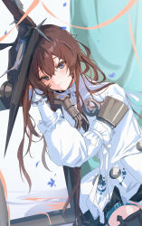  1girl amiya_(arknights) amiya_(guard)_(arknights) amiya_(guard)_(in_a_myriad_of_universes)_(arknights) animal_ears arknights blue_eyes blue_petals blush brown_hair closed_mouth commentary dress gauntlets hair_between_eyes highres long_hair long_sleeves looking_at_viewer maria_(syake-uni) official_alternate_costume petals rabbit_ears rabbit_girl single_gauntlet single_shoulder_pad solo white_dress 