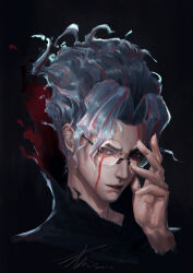  1boy absurdres commentary_request curly_hair dandadan dated eki_lee facial_mark glasses grey_hair highres male_focus mismatched_eyebrows multicolored_hair portrait red_eyes red_hair round_eyewear signature solo streaked_hair takakura_ken_(dandadan) takakura_ken_(transformed)_(dandadan) two-tone_hair 