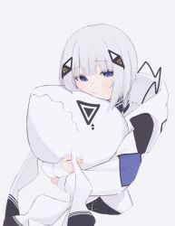 1girl absurdres blue_eyes cevio coat cropped_torso grey_hair hair_ornament highres hood hooded_coat hugging_doll hugging_object kafu_(cevio) light_blush long_hair long_sleeves looking_at_viewer saka_(sa_ka) sleeves_past_wrists solo stuffed_animal stuffed_toy upper_body white_coat 