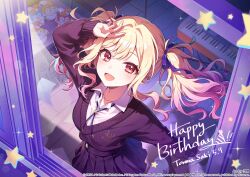  1girl :d ano_hi_mita_yozora_wa_itsuka_no_mirai_e_(project_sekai) artist_name black_skirt black_sweater blonde_hair blurry bokeh character_name collared_shirt commentary_request company_name copyright_notice dated depth_of_field double-parted_bangs guest_art hair_intakes hair_ribbon happy_birthday hat highres instrument keyboard_(instrument) kheng_(k_heng1223) korean_commentary long_hair long_sleeves official_alternate_costume official_art party_hat phenny_(project_sekai) pink_hair pleated_skirt project_sekai purple_ribbon red_eyes ribbon second-party_source shirt sidelocks skirt sleeves_past_wrists smile solo sparkle star_(symbol) stuffed_toy sweater tenma_saki tongue twintails web_address white_shirt 
