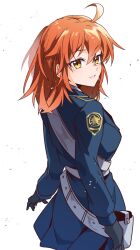  0nodera 1girl ahoge black_gloves blue_shirt blue_skirt breasts commentary_request fate/grand_order fate_(series) from_behind fujimaru_ritsuka_(female) gloves hair_between_eyes looking_at_viewer looking_back medium_breasts medium_hair orange_hair parted_lips shirt simple_background skirt smile solo standing white_background yellow_eyes 