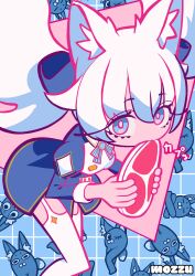  1girl absurdres animal_ear_fluff animal_ears astraline blue_background blue_dress blue_eyes commentary dress eating english_commentary food garter_straps hair_between_eyes highres long_hair looking_at_viewer lumi_(merryweather) meat mozzu123 thigh-highs twintails virtual_youtuber white_hair white_thighhighs wolf_ears wolf_girl 