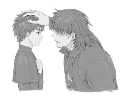  175x2 1boy age_comparison aged_down commentary_request cropped_torso expressionless fate/zero fate_(series) from_side greyscale headpat high_collar korean_commentary kotomine_kirei light_smile monochrome parted_lips profile short_hair time_paradox 