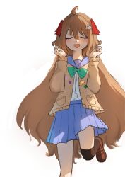1girl absurdres ahoge badge black_thighhighs blue_sailor_collar blue_skirt bow bowtie brown_hair brown_shoes button_badge cardigan closed_eyes commentary dress_shirt foot_out_of_frame freakynira green_bow green_bowtie hair_between_eyes hair_ornament hair_ribbon hands_up heart heart_hair_ornament highres loafers long_hair long_sleeves neuro-sama neuro-sama_(1st_costume) open_cardigan open_clothes red_ribbon ribbon sailor_collar shirt shirt_tucked_in shoes short_skirt simple_background single_thighhigh skirt solo standing standing_on_one_leg thigh-highs two_side_up untranslatable_commentary vedal_ai virtual_youtuber white_background yellow_cardigan