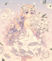  1girl back_bow backless_dress backless_outfit blonde_hair blue_eyes bouquet bow commentary cowboy_shot cross-shaped_pupils curly_hair dav-19 dress flower from_side head_wreath holding holding_bouquet long_hair looking_at_viewer nia_teppelin rose smile solo standing symbol-shaped_pupils tengen_toppa_gurren_lagann tulip very_long_hair watermark web_address white_bow white_dress white_flower white_lily white_rose white_theme white_tulip 