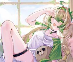  1girl ahoge animal_ears ferret_ears ferret_girl food fruit gradient_hair green_eyes green_hair green_hairband green_shirt green_thighhighs hair_between_eyes hairband indie_virtual_youtuber jewelry lime_(fruit) lime_slice limealicious limealicious_(cozy) looking_at_viewer mefr1n multicolored_hair necklace one_eye_closed open_mouth shirt single_thighhigh stuffed_animal stuffed_toy thigh-highs thigh_strap thighs twintails vinesauce virtual_youtuber white_hair white_shirt yawning 
