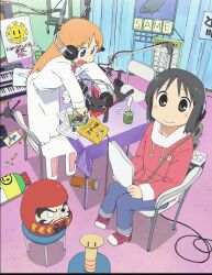  2girls absurdres anger_vein anime_coloring artist_request black_cat blonde_hair blue_eyes blue_pants cable calendar_(object) cat chair closed_eyes closed_mouth crayon cup daruma_doll drawing_(object) grey_eyes grey_hair headphones highres holding holding_paper hood hoodie indoors kamakura_(nichijou) kokeshi lab_coat leaning_forward long_hair long_sleeves looking_at_viewer microphone microphone_stand mug multiple_girls nichijou no_nose official_art on_chair pants paper professor_shinonome recording_studio red_hoodie red_shoes sakamoto_(nichijou) shinonome_nano shoes short_hair sitting smile standing standing_on_chair steaming_cup stool studio_microphone sun_symbol table tears third-party_source yunomi 
