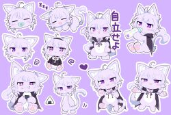  1girl =_= @_@ absurdres ahoge animal_ear_fluff animal_ears baby_bottle blush bottle cape cat_ears cat_girl cat_tail chibi commentary_request drinking drooling eating food food_on_face furry furry_female highres holding holding_food hololive looking_at_viewer milk motion_lines mouth_drool multiple_views neck_fur nekomata_okayu nekomata_okayu_(cat) onigiri outline pacifier purple_background purple_fur rice rice_on_face sitting sleeping slit_pupils sorte_09110 standing tail translation_request violet_eyes white_outline zzz 