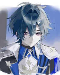 1boy :d ahoge armor belt belt_collar black_belt blue_shirt blue_sky choker coat collar collared_shirt earrings genshin_impact green_hair grin hair_between_eyes half-closed_eyes highres jewelry lohen_(genshin_impact) long_sleeves looking_at_viewer male_focus mole mole_under_eye multicolored_eyes shirt short_hair shoulder_armor single_earring sky smile solo upper_body v_uo0zzz white_background 
