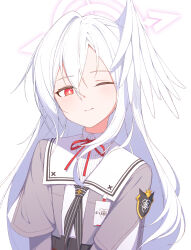  1girl absurdres badge black_neckerchief blue_archive bright_pupils chinese_commentary closed_mouth commentary_request grey_shirt hair_between_eyes halo head_wings highres id_card karin-best light_blush long_hair looking_at_viewer neck_ribbon neckerchief one_eye_closed purple_halo red_eyes red_ribbon ribbon sailor_collar shirt simple_background single_head_wing single_wing solo suzumi_(blue_archive) trinity_general_school_logo undershirt upper_body vertical-striped_neckerchief white_background white_hair white_pupils white_sailor_collar white_wings wings 