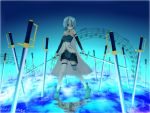  armband blue_eyes blue_hair cape dual_wielding field_of_blades gloves magical_girl mahou_shoujo_madoka_magica miki_sayaka musical_note parody retishia solo sword thigh-highs thighhighs unlimited_blade_works weapon zettai_ryouiki 