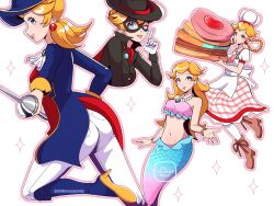  1girl apron artist_name ascot black_hat black_jacket black_mask blonde_hair blue_boots blue_eyes blue_jacket boots bracelet braid braided_hair_rings brown_boots chef_hat cookie dashing_thief_peach domino_mask dullorangepulp earrings eye_mask food hair_rings hat holding holding_sword holding_weapon jacket jewelry mask merfolk mermaid mermaid_peach monster_girl multiple_views navel necklace official_alternate_costume one_eye_closed pants pantyhose patissiere_peach pearl_necklace plaid_clothes plaid_skirt princess_peach princess_peach:_showtime! puffy_short_sleeves puffy_sleeves rapier red_skirt shirt short_sleeves skirt sphere_earrings super_mario_bros. sword swordfighter_peach two-tone_skirt waist_apron weapon white_apron white_ascot white_background white_hat white_pants white_pantyhose white_shirt white_skirt 