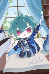  1boy :o ahoge armor arms_up belt belt_collar black_belt black_boots black_gloves blue_shirt book bookshelf boots bottle character_name chibi choker coat collar collared_shirt crowrian_02 curtains favonius_lance_(genshin_impact) full_body genshin_impact glint gloves green_hair hair_between_eyes highres holding holding_knife holding_polearm holding_weapon knife lohen_(genshin_impact) long_sleeves male_focus mole mole_under_eye multicolored_eyes open_mouth pants parted_lips polearm shirt short_hair shoulder_armor sky solo spear standing table thigh_strap tree weapon white_pants window wooden_table 