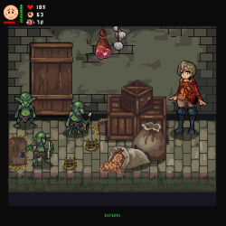  1girl 3boys absurdres ada_(yrvv3374) artist_name bag belt black_boots booby_trap boots bow braid breasts brick_floor brick_wall brown_eyes brown_hair brown_pants brown_shirt cape colored_skin crate door fangs food gameplay_mechanics garlic goblin green_skin hair_tie health_bar hiding highres loincloth lona_(lonarpg) lonarpg meat medium_hair monster multiple_boys pants pixel_art polearm red_cape red_eyes satchel shirt small_breasts spear thigh_boots twin_braids weapon 