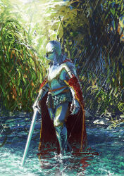  1boy absurdres arm_armor armor breastplate cape chainmail commentary couter cuirass cuisses faulds full_armor gauntlets greaves hammk helmet highres holding holding_sword holding_weapon knight leg_armor original pauldrons poleyn rain red_cape reflection reflective_liquid rerebrace shoulder_armor solo sword untranslatable_commentary vambraces wading water weapon 