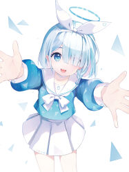  1girl :d aanbi arona_(blue_archive) blue_archive blue_eyes blue_hair blue_halo blue_pupils blue_shirt bow bow_hairband braid choker commentary_request cowboy_shot eyes_visible_through_hair foreshortening hair_over_one_eye hairband halo highres hug_invitation long_bangs long_sleeves looking_at_viewer miniskirt open_mouth outstretched_arms parted_bangs pleated_skirt puffy_long_sleeves puffy_sleeves reaching reaching_towards_viewer sailor_collar school_uniform serafuku shirt short_hair simple_background skirt smile solo standing straight_hair white_background white_bow white_choker white_hairband white_sailor_collar white_skirt 