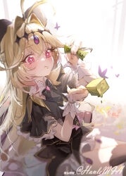  1girl absurdres antenna_hair black_bow black_bowtie black_capelet black_dress blonde_hair blush border bow bowtie capelet commentary_request crossed_bangs cure_arcana_shadow dress food frilled_capelet frills hair_between_eyes hair_bow hair_intakes hand_up hanlemia highres holding holding_food holding_popsicle long_hair looking_at_viewer magical_girl meitantei_precure! moria_luluka parted_lips pink_eyes popsicle precure solo upper_body wrist_cuffs 
