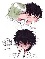 2girls absurdres agott_arklaum_(tongari_boushi_no_atelier) blush chibi closed_eyes coco_(tongari_boushi_no_atelier) curly_hair double_bun english_text flustered formal_clothes full-face_blush grabbing_another's_hair green_hair hair_bun hand_on_another's_face hand_on_own_face highres holding_another's_hair kiss kissing_cheek light_blush long_sleeves multiple_girls portrait purple_hair ratatatako24539 short_hair simple_background surprised sweatdrop tongari_boushi_no_atelier violet_eyes white_background 