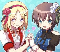  2girls aoi_erika aoi_erika_(brilliant_ultimate_idol) blonde_hair blue_eyes brown_hair closed_mouth flower hair_ornament hairband hairpin heart heaven_burns_red highres holding interlocked_fingers looking_at_viewer minase_ichigo minase_ichigo_(knockout_showstopper) multiple_girls open_mouth red_flower red_rose rose short_hair toyatopa twitter_username violet_eyes 