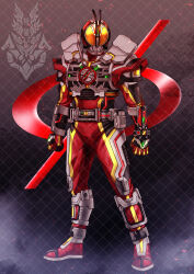  1boy absurdres armor belt black_armor black_bodysuit bodysuit check_translation commentary_request compound_eyes faiz_axel faiz_driver fusion gloves helmet highres kamen_rider kamen_rider_555 kamen_rider_faiz kamen_rider_faiz_(axel_form) kamen_rider_faiz_(blaster_form) looking_at_viewer male_focus original power_armor rider_belt solo standing tokusatsu tokusatsushima translation_request yellow_eyes 