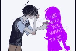 1boy antenna_hair black_hair black_sweater_vest brown_shorts collared_shirt crying english_text highres male_focus nill_(nill) omori parted_lips shirt short_hair short_sleeves shorts simple_background solo sunny_(omori) sweater_vest white_background white_shirt 