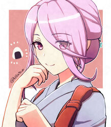  1girl closed_mouth commentary_request food hair_over_one_eye heaven_burns_red highres japanese_clothes kimono kura_satomi kura_satomi_(days_of_the_hostess) looking_at_viewer one_eye_covered onigiri pink_eyes pink_hair see-through_hair short_hair toyatopa twitter_username white_kimono 