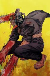  1boy absurdres black_pants blood blood_on_clothes blood_on_weapon brown_shoes chainsaw chainsaw_man denji_(chainsaw_man) highres kenzarts1 pants sharp_teeth shoes teeth tongue tongue_out weapon yellow_background 
