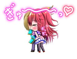  >_< 1boy 1girl ^^^ armor black_thighhighs blue_shirt blush brown_hair chibi chibi_only closed_eyes from_side game_asset heart hug koucha_rakkyo long_hair non-web_source one_side_up raised_inner_eyebrows red_hair ribbon sabrina_(koucha_rakkyo) sabrina_to_muryoku_na_tamashii self-datamine shirt short_hair short_sleeves sidelocks simple_background skirt sound_effects standing thigh-highs thighs transparent_background very_long_hair white_skirt yellow_ribbon 