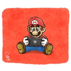  1boy blue_eyes blue_overalls boots border brown_boots brown_hair facial_hair gloves handheld_game_console hat highres holding holding_handheld_game_console junithepuny mario mustache nintendo_switch_2 outside_border overalls red_background red_hat red_shirt shirt short_hair signature solo super_mario_bros. white_border white_gloves 