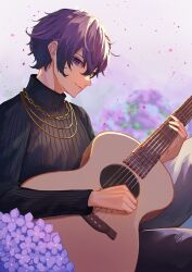  1boy absurdres black_sweater chain chain_necklace flower guitar highres indie_virtual_youtuber instrument jewelry looking_at_viewer mozzu123 necklace petals purple_flower purple_hair short_hair shoto_(vtuber) sitting sweater violet_eyes virtual_youtuber 
