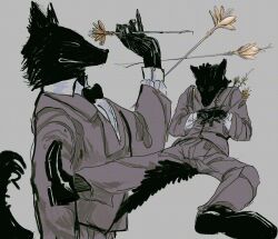  1boy black_bow black_bowtie black_fur black_shoes black_tail bow bowtie brown_pants brown_shirt closed_eyes closed_mouth collared_shirt flower furry furry_male highres holding holding_flower male_focus multiple_views original pants qende_(edneqivo) shirt shoes sitting wolf_boy 