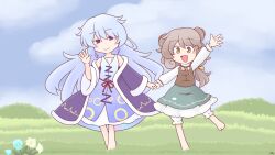 216 2girls artist_request barefoot bell blue_hair dress fantasy_maiden_wars field flower gensou_shoujo_taisen grass green_skirt half-closed_eyes happy highres horns jingle_bell meeko_(gensou_shoujo_taisen) meeko_(touhou) multiple_girls muwatari_makura neck_bell off_shoulder pixiv_commission pixiv_request sheep_horns skirt smile touhou violet_eyes yellow_eyes 