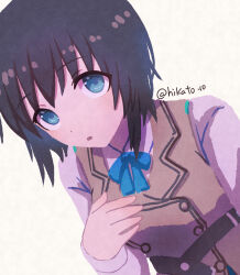 1girl aoi_erika black_hair blue_eyes blue_ribbon commentary_request grey_vest heaven_burns_red highres neck_ribbon open_mouth ribbon shirt short_hair simple_background toyatopa upper_body vest white_background white_shirt 